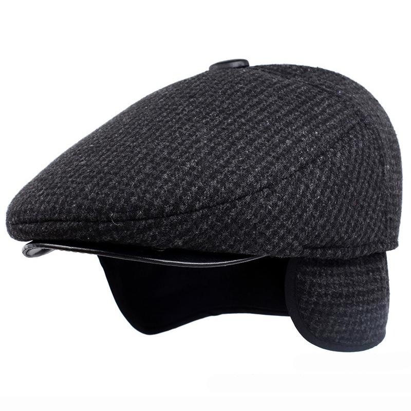 

HT1847 Classic Man Cap Autumn Winter Hat with Ear Flap Elder Man Male Dad Hat Warm Newsboy Ivy Flat Cap Wool Blend Men Beret, As pic