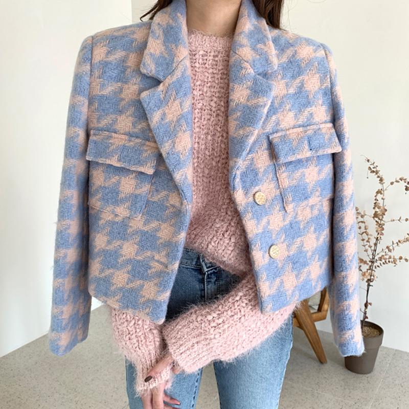 

2020 Autumn Winter Female Turn-down Collar Long-sleeved Minimalist Short Patchwork Panelled Plaid Woolen Suit Coat C576, Blue