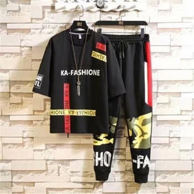 

tracksuit Men male suit seven points pants & middle length tops tees summer loose casual thin student Korean youth sportswear1, Cross micai white