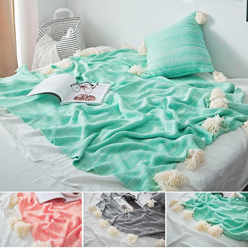 

Nordic Knitting Throw Blanket Pink/Green/Gray Stripe Knit Blanket Sofa/Couch/Bed/Plane Travel Plaids Tassel Knitted1