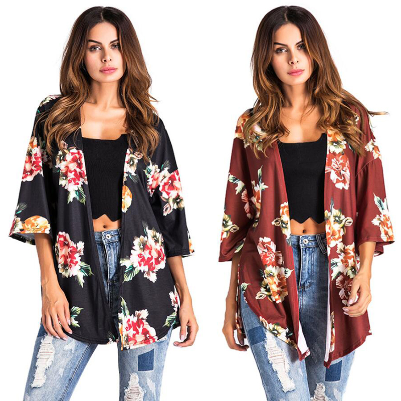 

Sexy Floral Printed Cardigan Cape Coat Nightclub Japen Style Half Sleeve Open Stitch Female Coat Poncho Women, Black