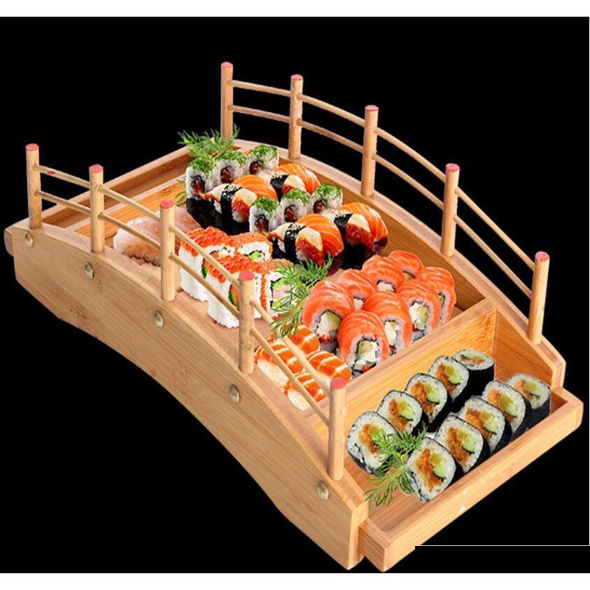 

New Japanese Wooden Wood Cuisine Sushi Bridge Boats Pine Creative Sushi Sashimi Plate Platter Sushi Tableware Decoration Ornament Hasia