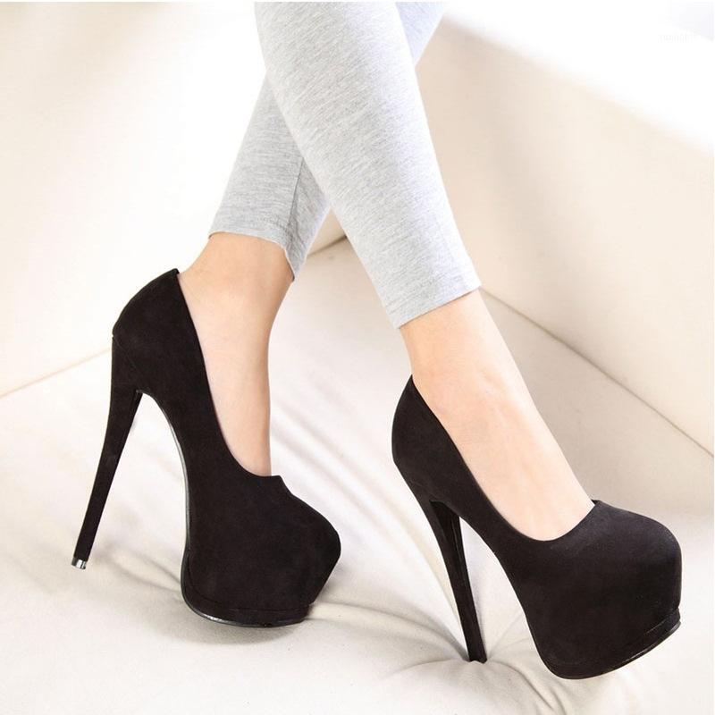 

2020 new sexy ultra high heels round head suede single shoes women fine heel 14CM waterproof platform casual shoes woman FB-191, Black