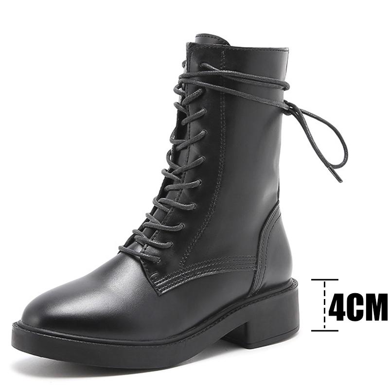 

2021 New Women Boots Middle Tube Boots Black Booties Autumn Winter Women Female Shoes Rubber Square Heel Lace-up, Beige