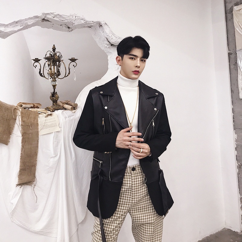 

2021 New Autumn Winter Men's Leather Long-style Loose Personality Collage Belt Jacket Jacket. DKUW, 11