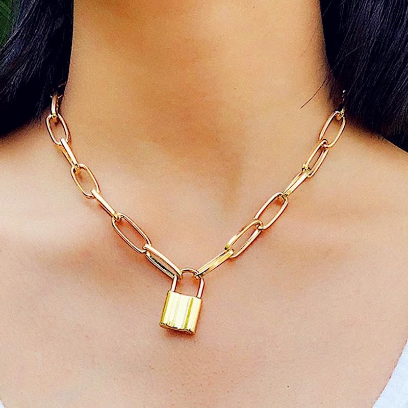 

Rock Choker Lock Necklace Layered Chain On The Neck With Lock Punk Jewelry Key Padlock Pendant Necklace For Women Gift
