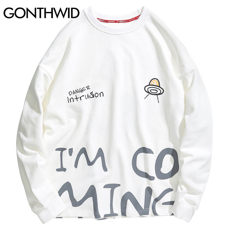 

Funny Danger Intrusion Print Pullover Sweatshirts Harajuku Hip Hop Casual Streetwear Hoodies 2020 Mens Fashion Tops, White