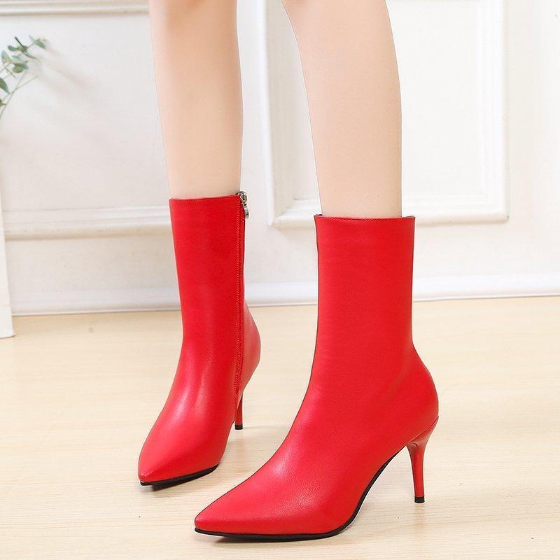 

Rimocy 2020 Autumn Winter Fashion PU Leather Boots Women Sexy Pointed Toe Thin High Heels Ankle Boots Woman Zip Black Red Shoes1