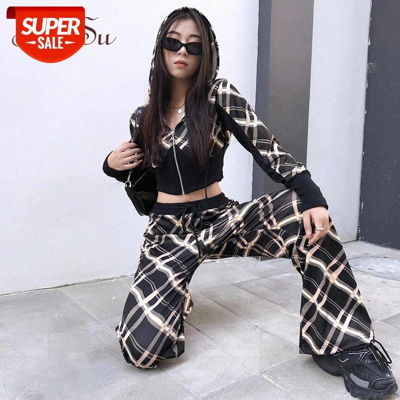 

ArtSu Elastic High Waist Checkered Plaid Pants Women Autumn Casual Loose Straight Long Trousers Ladies Black Streetwear CO52018 #v518, Black;white