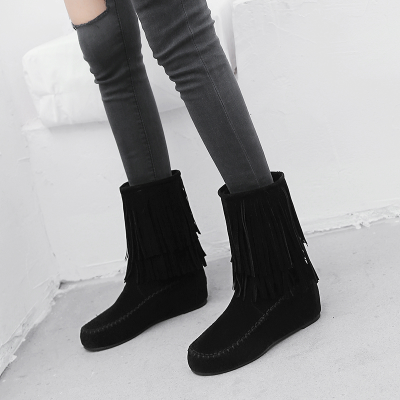 

New Womens Mid-calf Boots Round Toe Hidden Heel Winter Plush Liner Shoes Black Brown Beads Suede T110