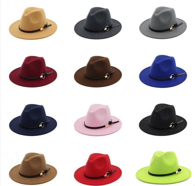 

19 Colors INS Unisex Fedora Hat For Gentleman Girls Woolen Brim Jazz Church Band Wide Flat Hats Panama Caps, Mixed colors or remark