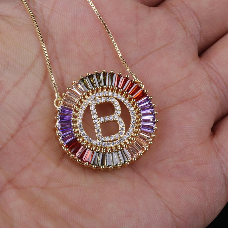 

gold 26 initials alphabet letter A-Z ABC charm micro pave rectangle rainbow crystal cz zircon gold chain pendant choker necklace