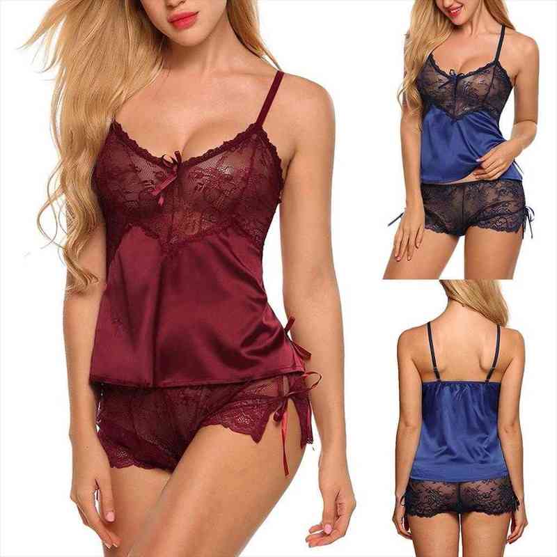 

pajamas lingerie lace women sleepwear underwear satin pijama mujer pajama sets camisole short sleep pyjama summer, Black;red