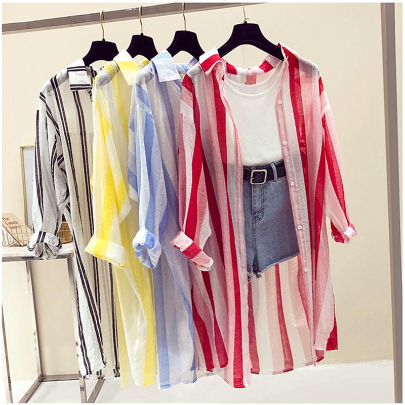 

New Long Sleeve Striped Beach Kimono Women Summer Autumn 2020 Long Blouse Thin Sun Cover Up Casual Loose Shirts Cardigan Female, Black