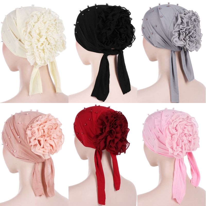 

Spring Autumn Women's Accessories Headdress Muslim Women's Nail Bead Baotou Hat Big Flower Headdress Cap Dubai Leisure Cap, White