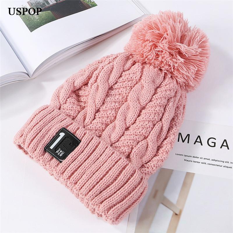 

USPOP 2020 New fashion women thick winter hats number label velvet beanies crimping pompoms knit hats casual warm skullies, Dark grey
