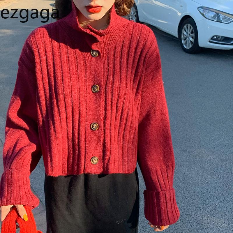 

Ezgaga Tender Knit Cardigan Women Crop Tops Autumn Winter Outwear Solid Turtleneck Single Breasted Ladies Sweater Fashion Warm, Black