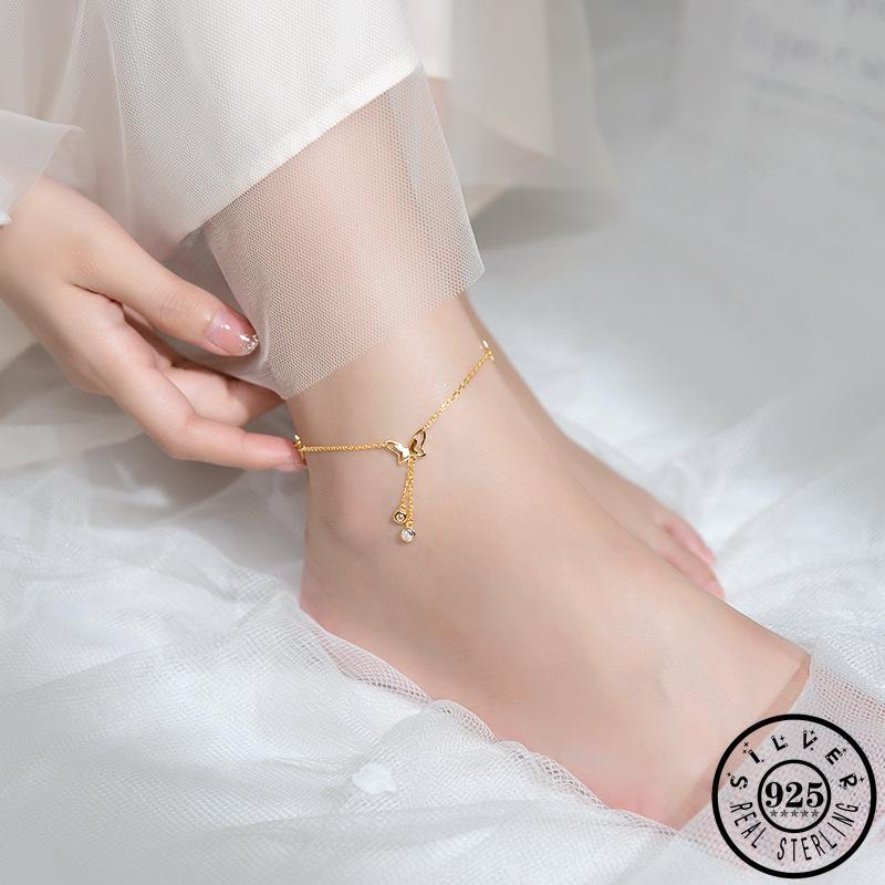

925 Sterling Silver Small Butterfly Shape Anklet Bracelet for Women Trendy Gold Color Chain Zircon Anklets Foot Fine Jewelry