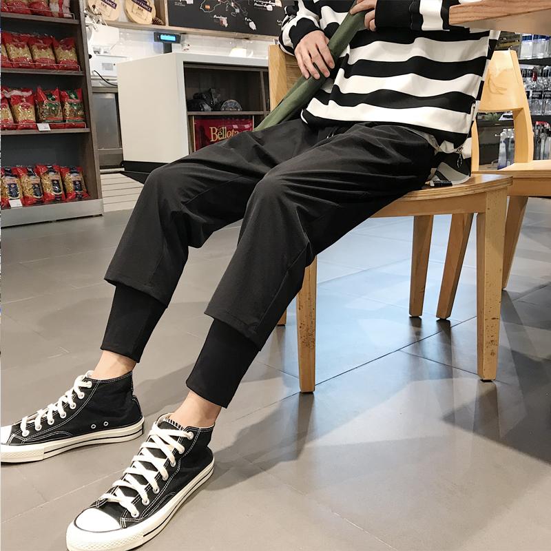 

4XL spring men's fake two-piece thin Harem pants wide-leg pants large size trousers tide men's casual loose overalls, Black