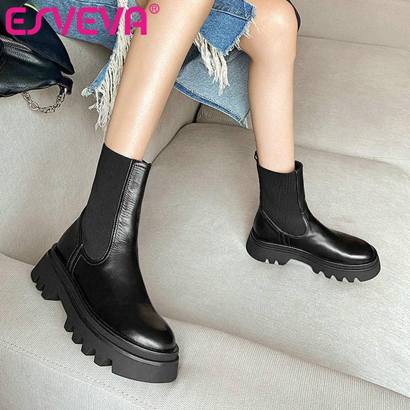 

ESVEVA 2021 Med Heel Elegant Slip On Ankle Boots Women Boots Winter PU+Genuine Leather Women Shoes Round Toe Size 34-39, Black