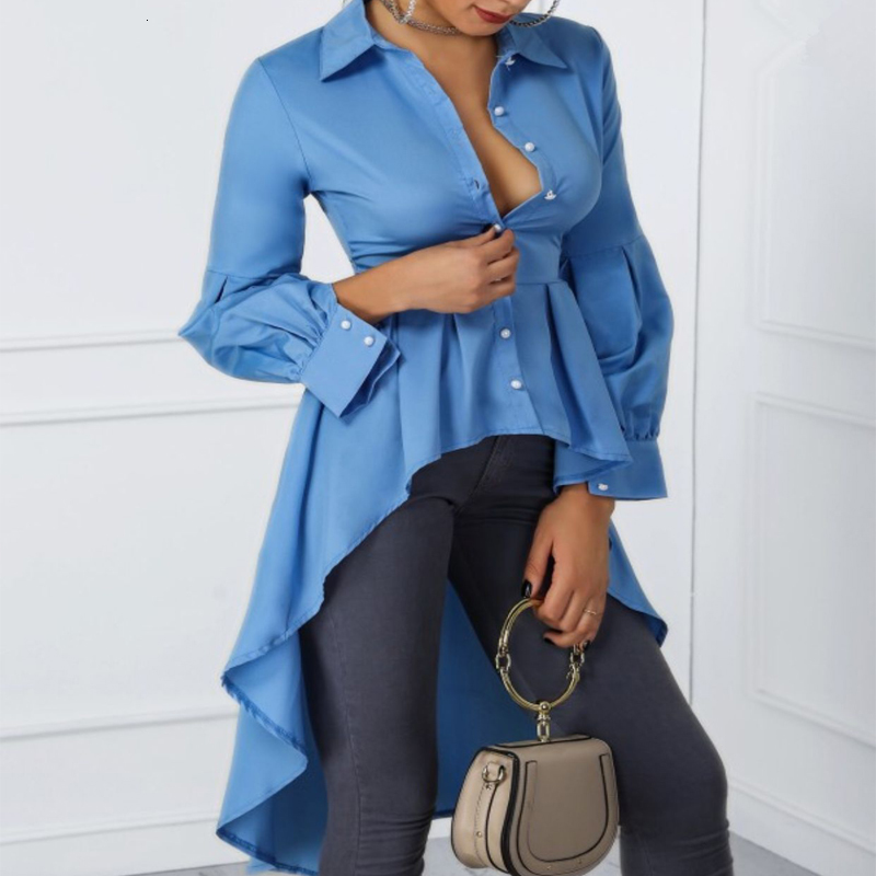 

2021 New Women's Spring Autumn Fashion Tuxedo Es Button Down Long Solid Color Blouse Lantern Sleeve Shirt Irregular 03qd, Wd501sb