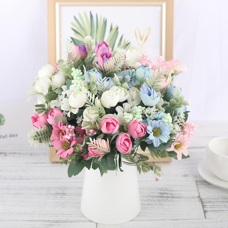 

Rose Artificial Silk Flowers High Quality Bouquet 12 heads Fake Flowers Daisy Bud Decoration for Wedding Home Foam Accessories, Pink