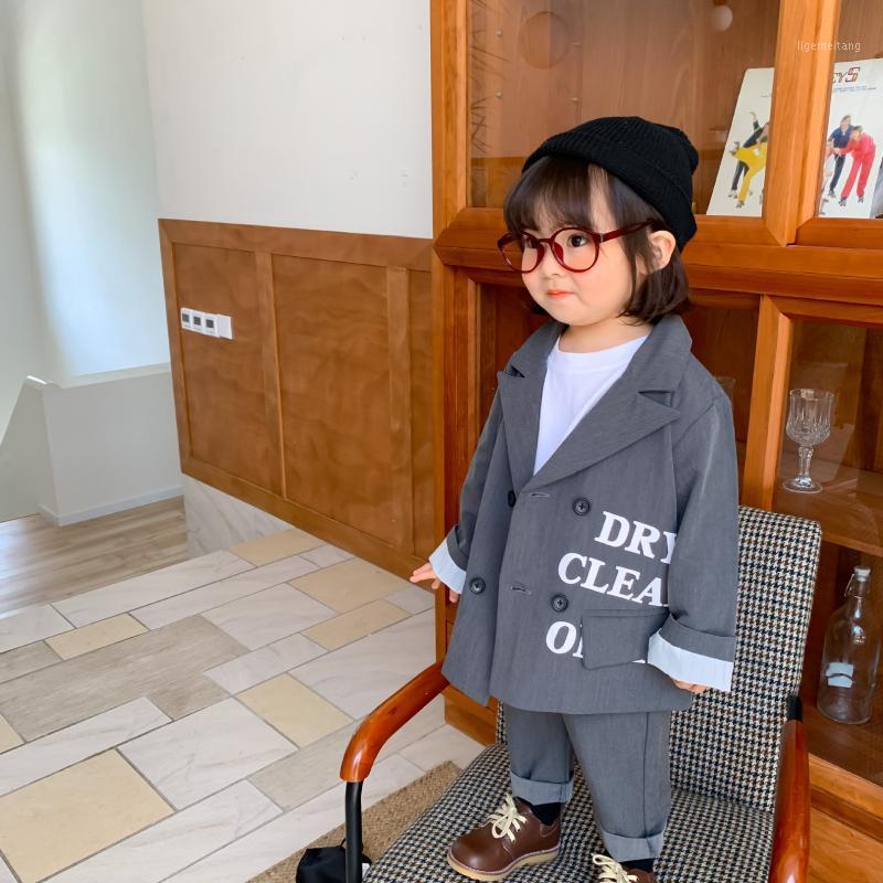 

Spring Autumn boys girls fashion letters printed suit clothes sets poetry style casual loose coat and pants 2 pcs sets1, Gray