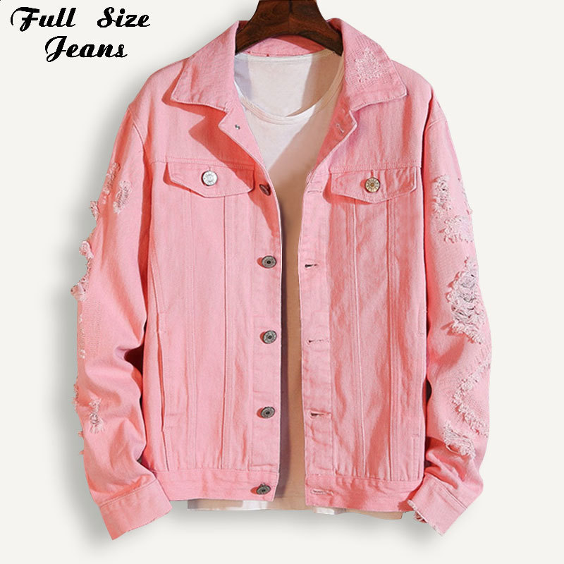 Plus Size Boyfriend Pink Lapel Denim Jacket For Women 3Xl 5Xl Streetwear Loose Ripped Red Basic White Jeans Coat Casual Outwear 201112Z