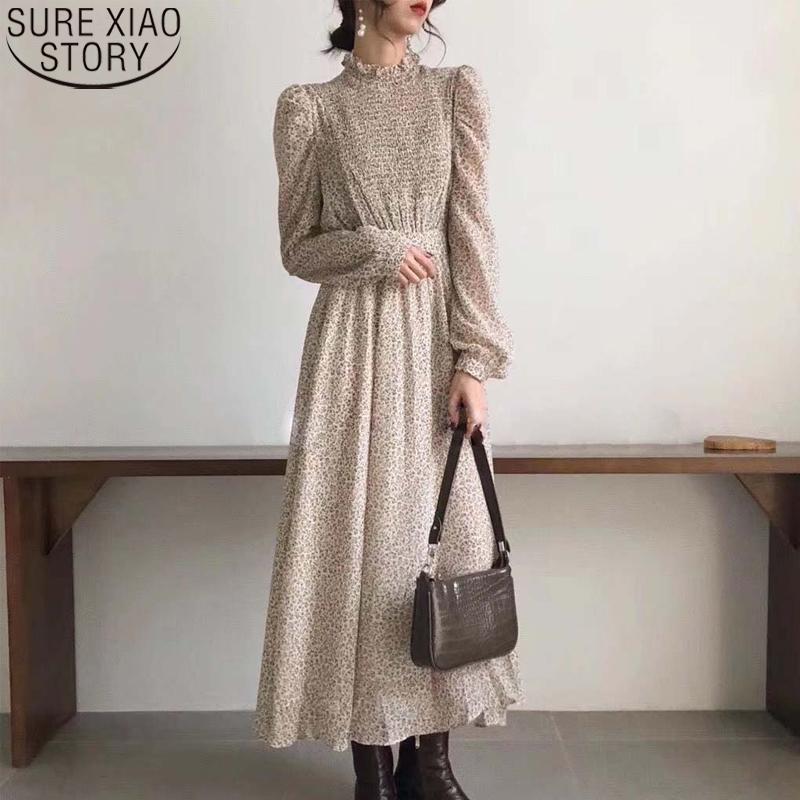 

Casual Dresses Vintage Floral Print Dress Women Fashion Stand Collar Long Sleeve A-line Autumn Vestidos Femme Elastic Waist 11453, Black;gray