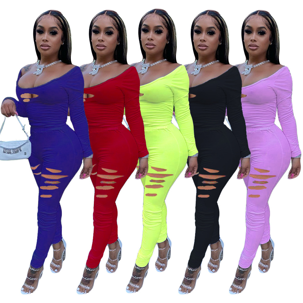 

Spring and Autumn 2021 women solid color firing burnt flower sexy suit Designer Fashion Sexy U-neck Long sleeve trousers Two-piece sets, Black