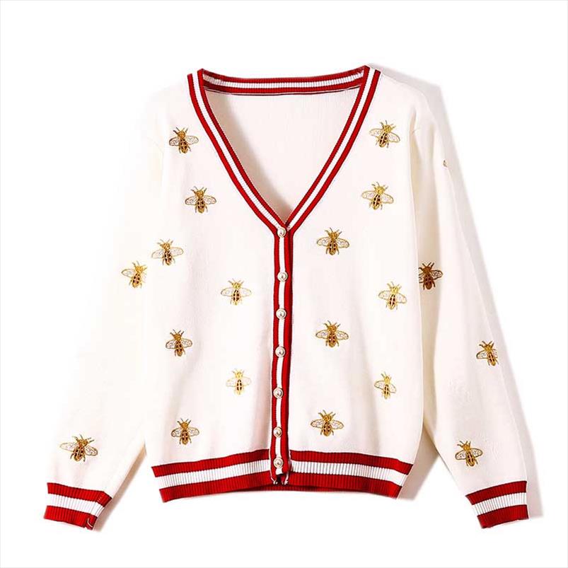 

NiceMix Womens sweater embroidery Autumn long sleeved industry bee contrast color stripes loose knit cardigan thin, Color2