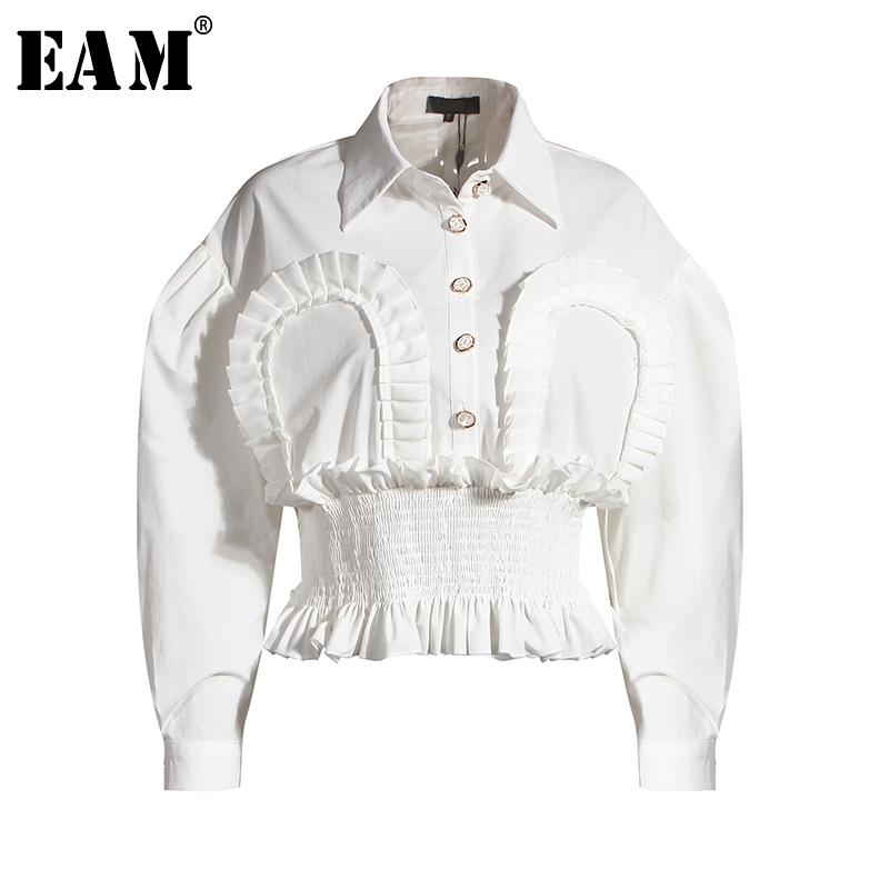 

EAM] Women White Ruffles Split Joint Short Blouse New Lapel Long Sleeve Loose Fit Shirt Fashion Tide Spring Autumn 2020 1Y920