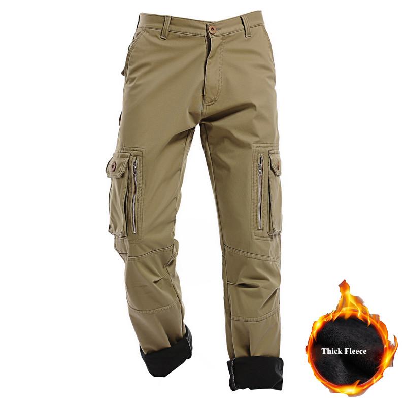 

New Winter Thick Warm Velvet Men Multi-pocket Tactical Cargo Pants Fleece Cotton Casual Worker Trousers Plus Size 51, Army green