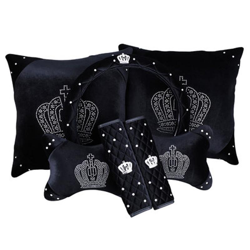 

Winter Crown Crystal Car Seat Headrest Pillow Plush Auto Neck Waist Support Pillows Steering Wheel Covers Interior Accessories