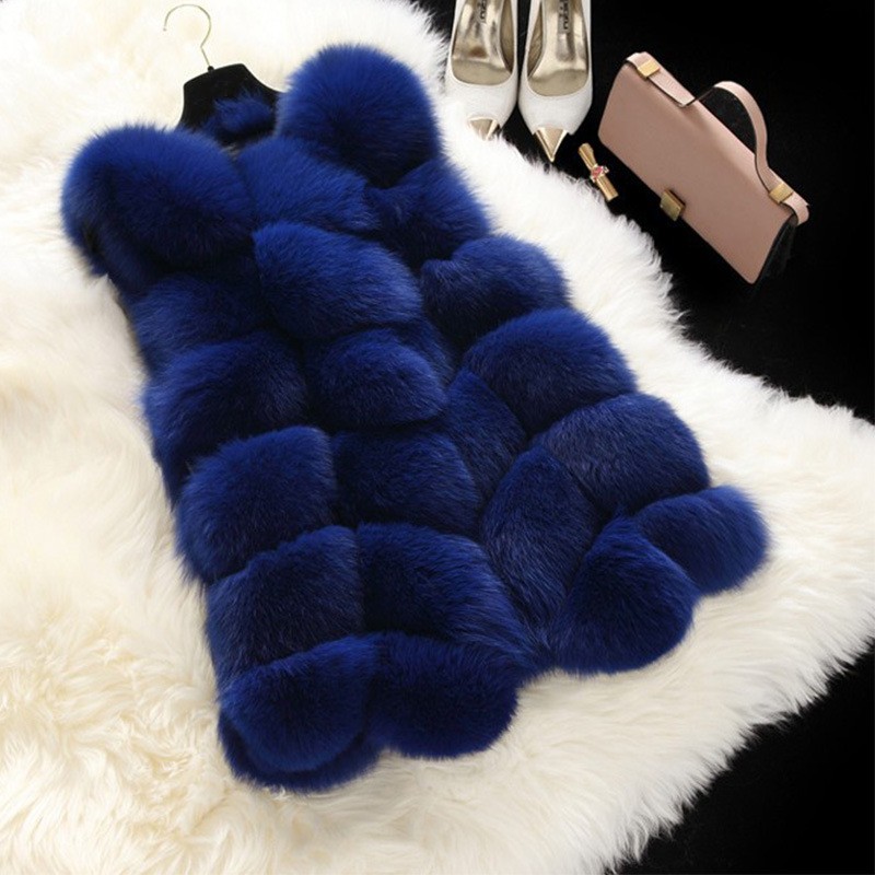 

2021 Fashion Royal Blue Color Luxury High Imitation Women Faux Fur Vest Long Coat Winter Woman Warm Thick Splice Jackets Female Waistcoat