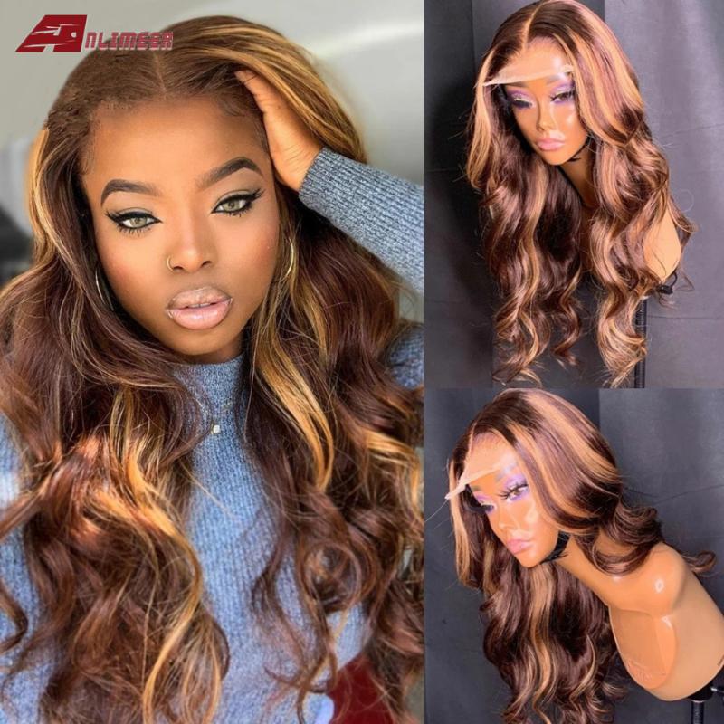 

Brazilian Body Wave Lace Front Human Hair Wigs With Baby Hair T Part Honey Blonde Highlight Wigs Remy With Brown Root Color, 13x4 middle part wig
