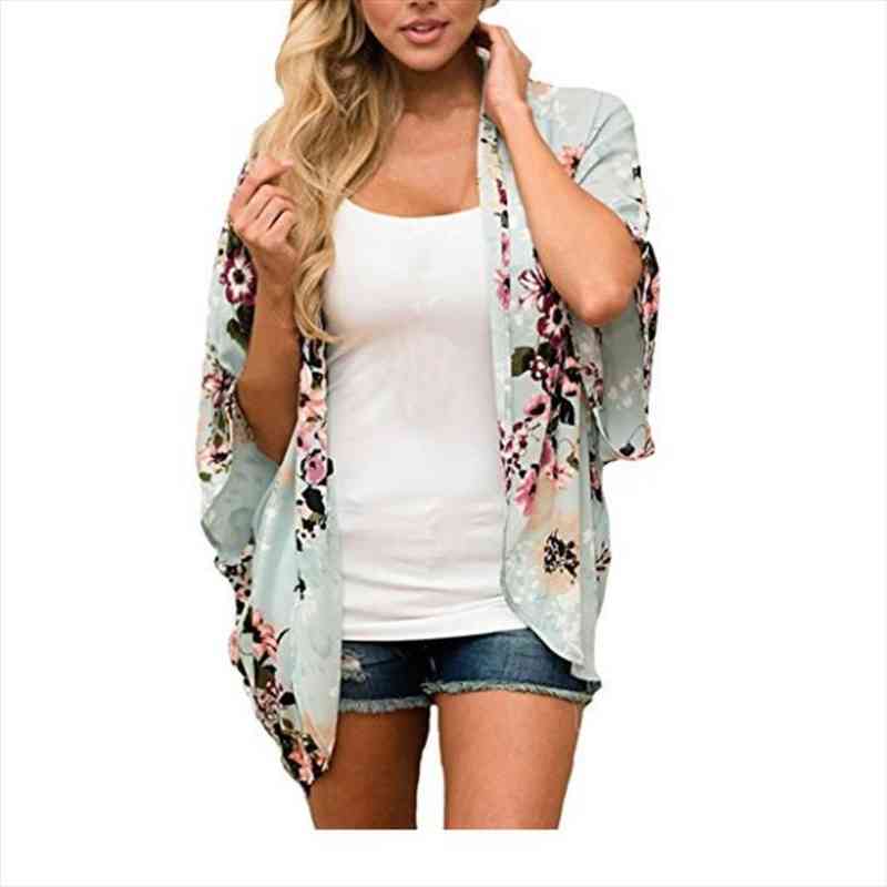 

Women Chiffon Floral Kimono Blouse Loose Half Sleeve Shawl Print Cardigan Blusas Mujer De Moda Plus Size Ey, White
