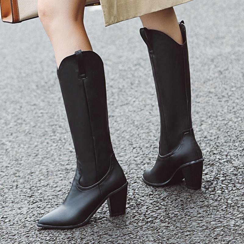 

AIWEIYi Knee High Boots for Women Pointed toe Square Heel High Heels Thigh Boots Slip On Motorcycle Botas Mujer1, Black