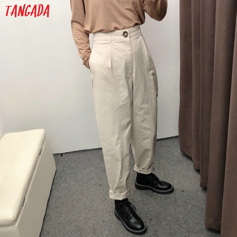 

Tangada fashion women high waist cotton pants trousers pockets buttons office lady pants pantalon AI08 201113, Khaki