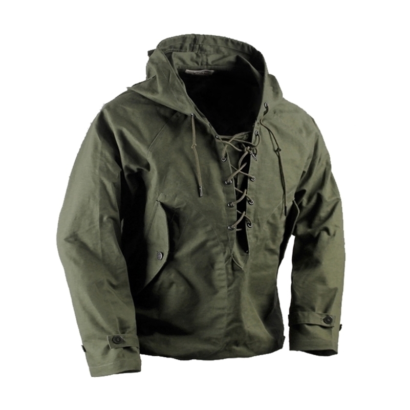 

USN Wet Weather Parka Vintage Deck Jacket Pullover Lace Up WW2 Uniform Mens Navy Military Hooded Jacket Outwear Army Green 201119, Square