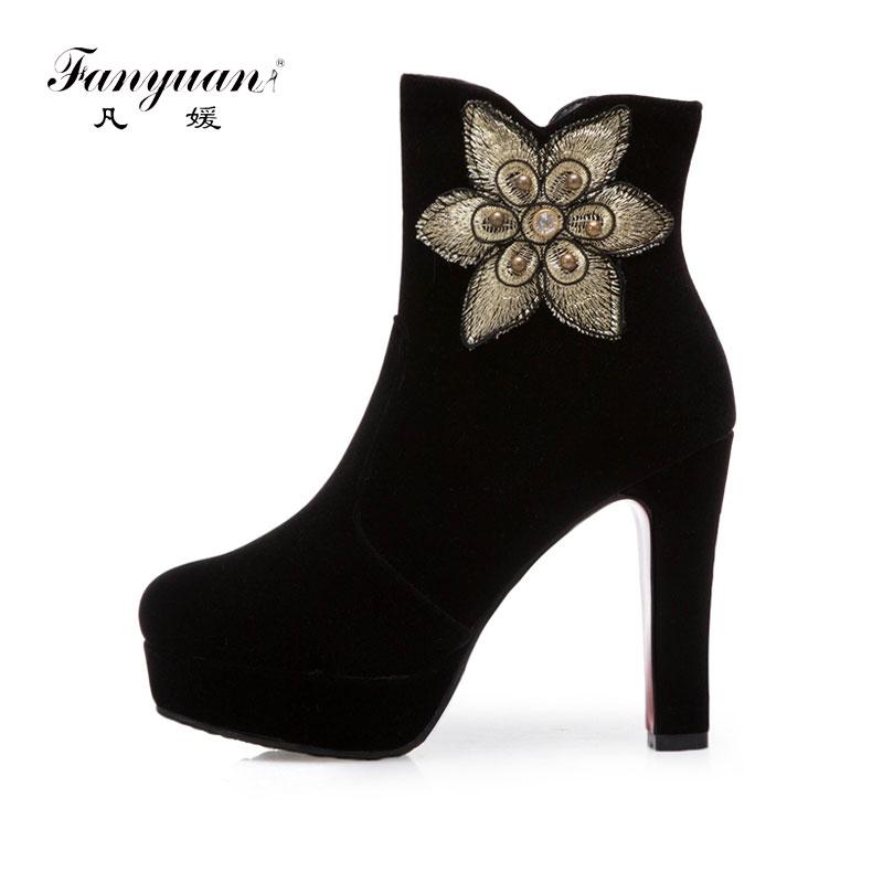 

Fanyuan High Heel Ankle Boots Female Zip Platform Faux Suede boots Sexy Party Appliques Winter Solid Short Plush, Black