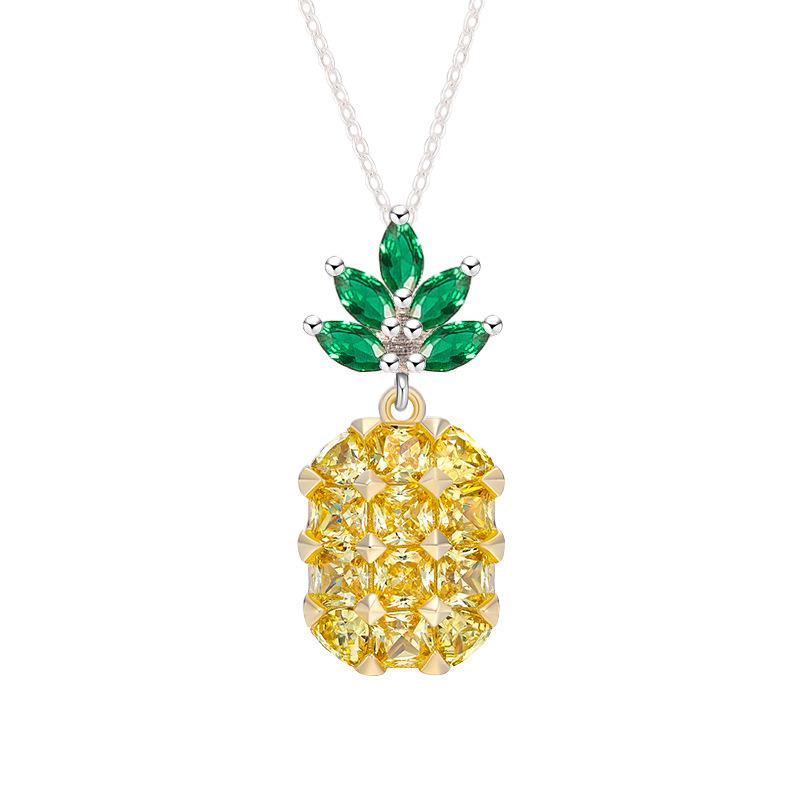 

S925 Sterling Silvery Sweet Fashion Fruits Pineapple Necklace Pendant Zircon Crystal Female