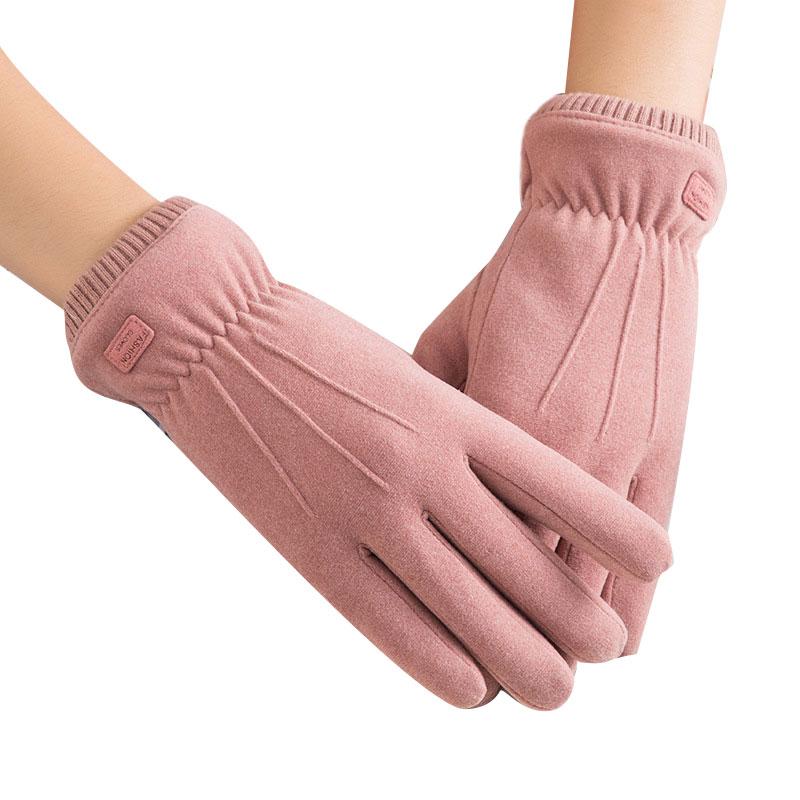 

Five Fingers Gloves Solid Color Touch Screen Plus Velvet Thickening Faux Fur Wrist Mouth Double Layer Full Finger