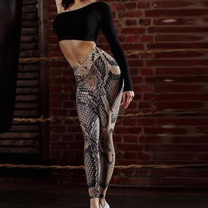 Women's Sporty Leggings Print Ankle-Length Pants Gym Yoga Stretchy Snake Print Comfort Sports High Waist Skinny Brown XS S M L XL q42y#
