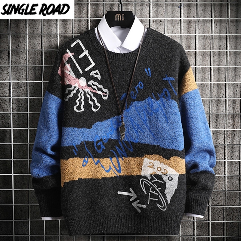 

SingleRoad Oversized Mens Knitted Sweater Men Graffit Patchwork Sweaters Jumper Pullover Hip Hop Harajuku Black Sweater Men 201117, White sweater men