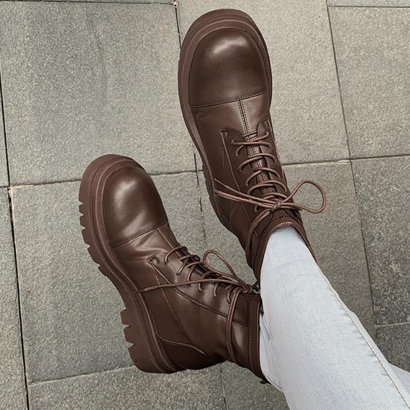 

Fanyuan 2021 Autumn New Fashion Ankle Boots Lace Up Boots Woman Platform PU Leather Shoes Female Cool Ladies Botas Mujer, Brown