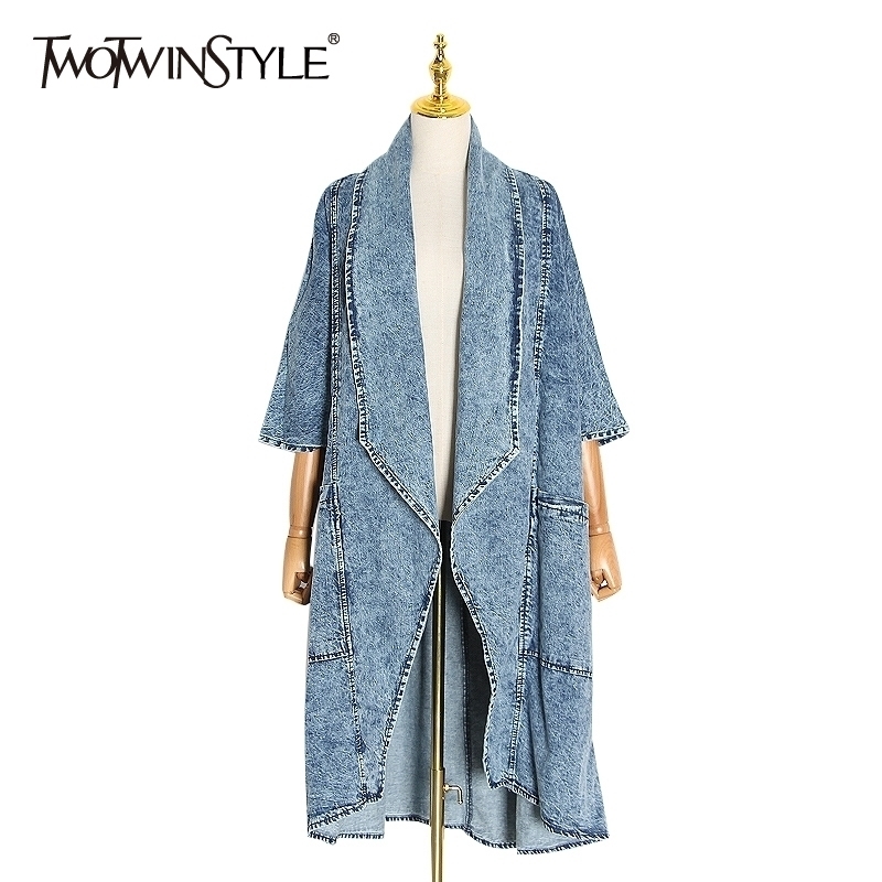

TWOTWINSTYLE Vintage Denim Women Windbreaker Lapel Collar Half Sleeve High Waist Trench Coats Female Fashion Clothing Tide 201120, Blue