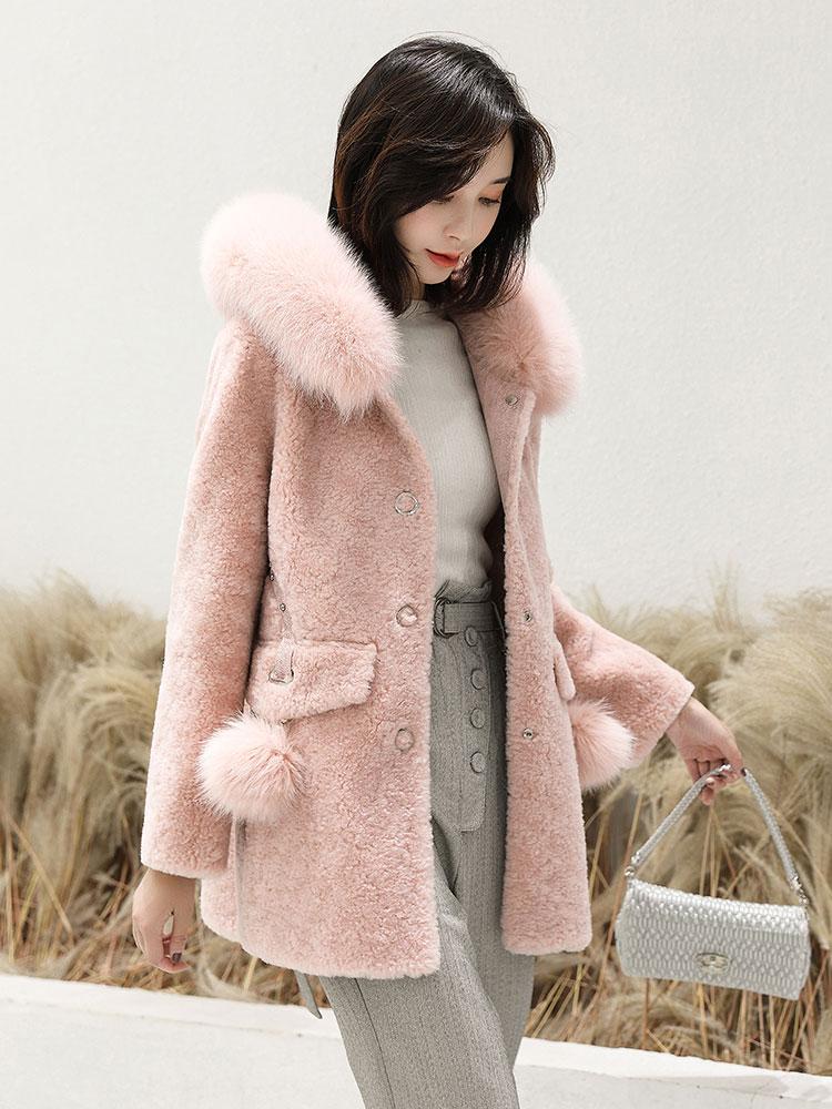 

Winter 2020 Women New Real Jacket Collar Hooded Sheep Shearing Wool Fur Coat Manteau Femme Hiver XN19031 KJ3385, Pink
