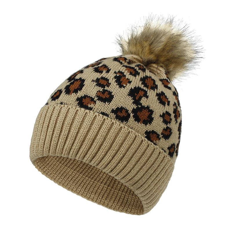 

Autumn Winter Hats For Women Woolen Yarn Beanies Leopard Ladies Knitted Skullies Hat Elastic thick warm Pompom cap, White