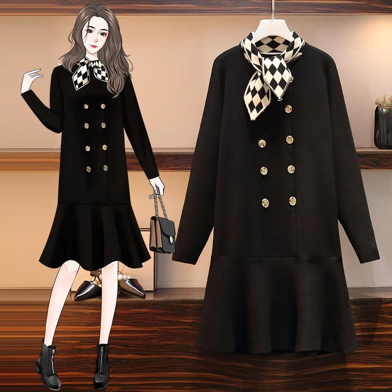 

Women 2021 Autumn Winter New Fashion Knitted Sweater Dress Female Ruffled Fishtail Dresses Ladies Solid Color Loose Vestido D752, Black